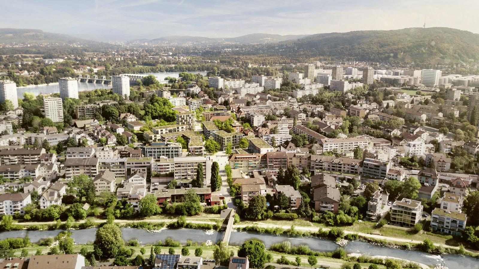 Luftaufnahme des Zentrums von Birsfelden