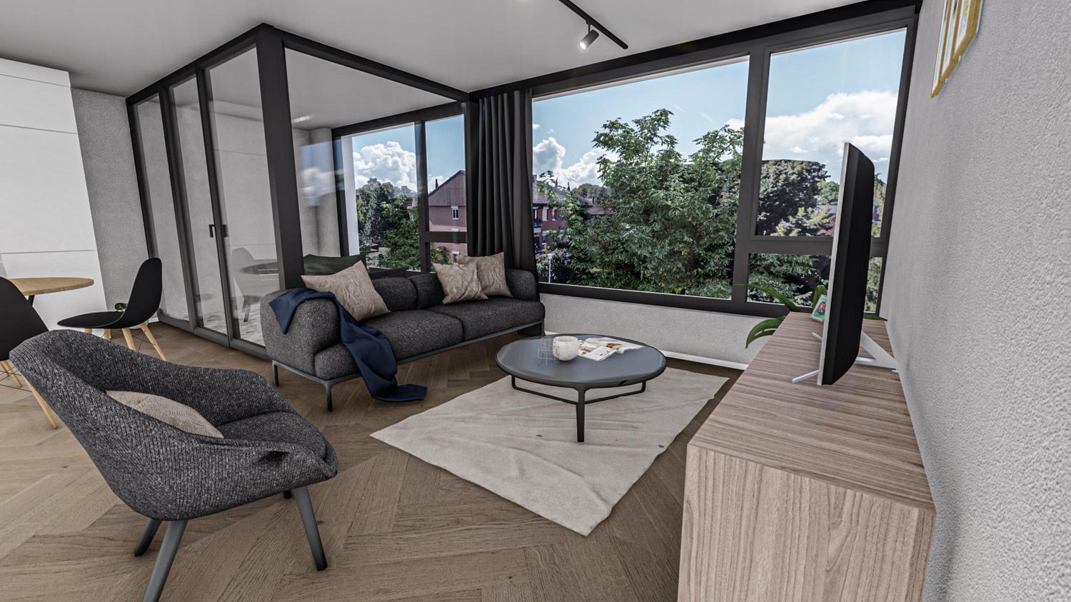 Bodentiefe Fenster, Eichenparkett, ein Aussenraum zu jeder Wohnung.