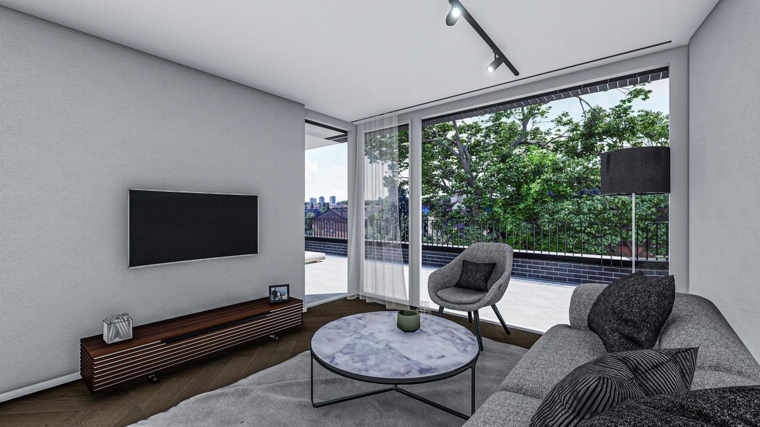 Wohnbereich mit Sofa und Medienwand